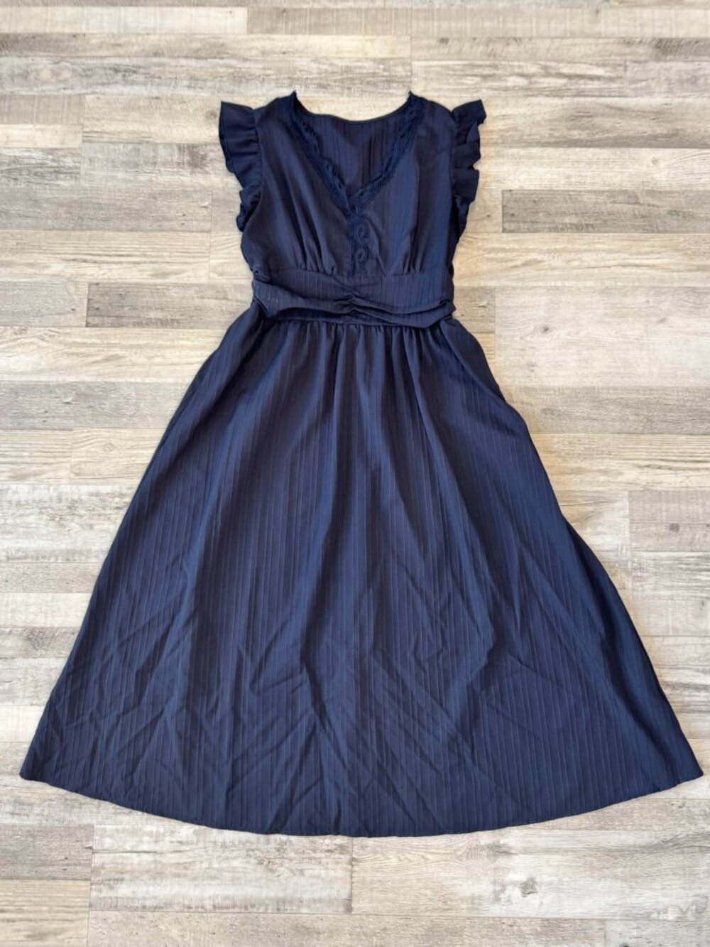 Shein Navy Blue Flutter Sleeve Modest Dress Size Large Lace Trim, Midi K33